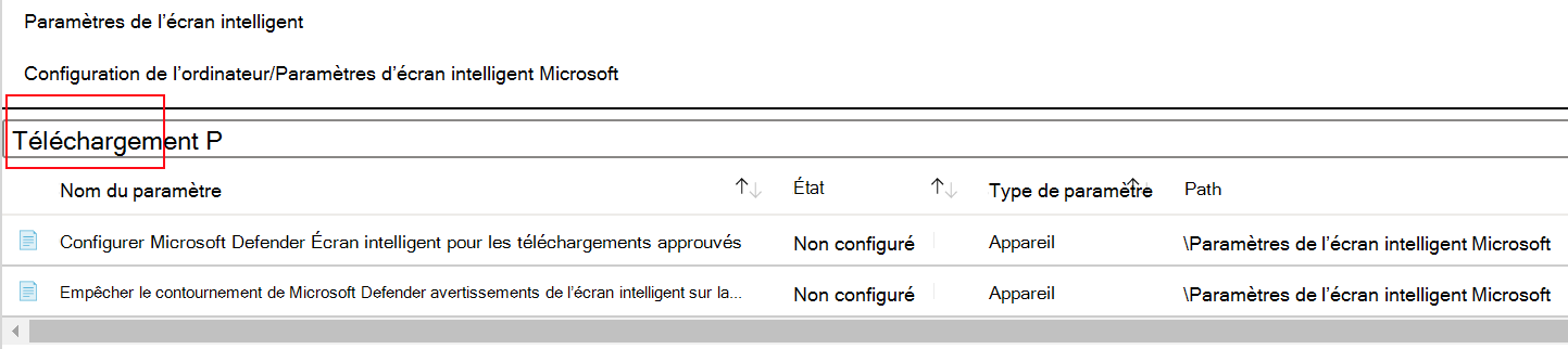 Capture d’écran montrant comment filtrer les paramètres de stratégie Microsoft Edge SmartScreen dans un modèle ADMX Microsoft Intune.