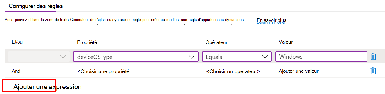 Screenshot that shows how to create a dynamic query, and add expressions in a Microsoft Intune administrative template.