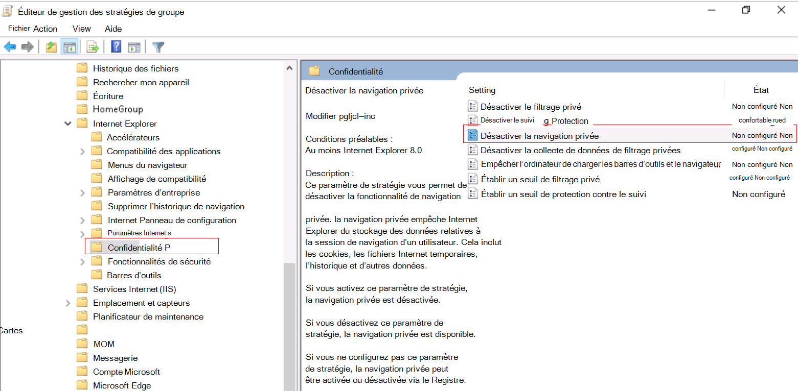 Capture d’écran montrant comment désactiver la navigation InPrivate dans Internet Explorer à l’aide d’un modèle ADMX.