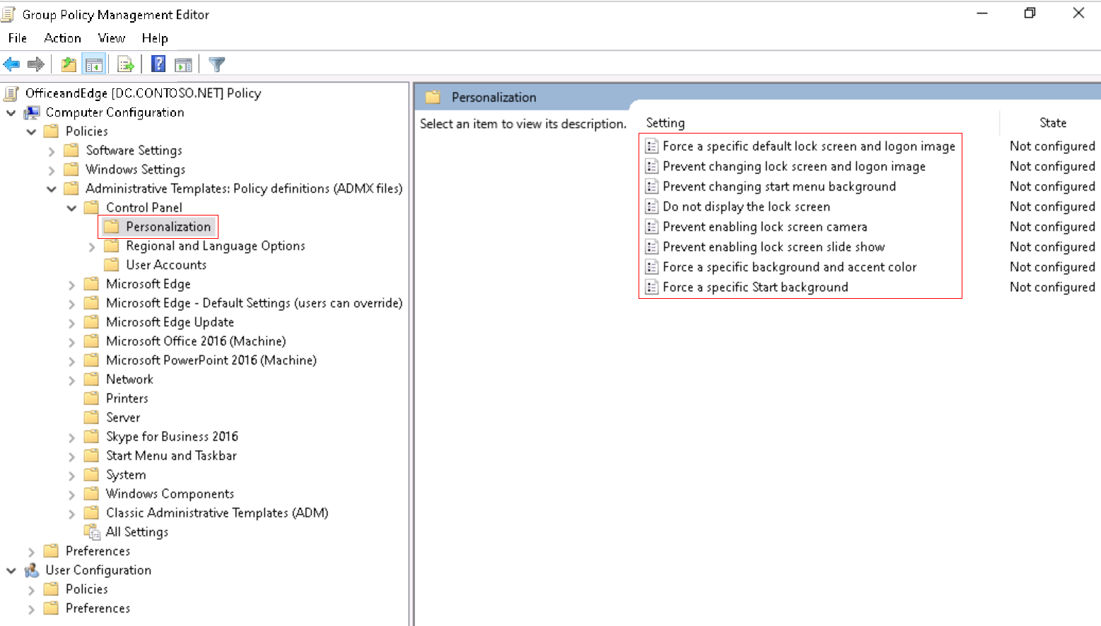 Capture d’écran montrant comment développer Configuration de l’ordinateur dans le Rédacteur de gestion des stratégie de groupe locaux, puis accéder à Personnalisation.