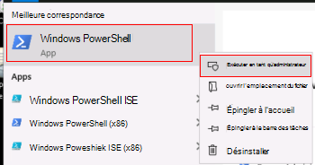 Capture d’écran montrant comment exécuter Windows PowerShell en tant qu’administrateur.