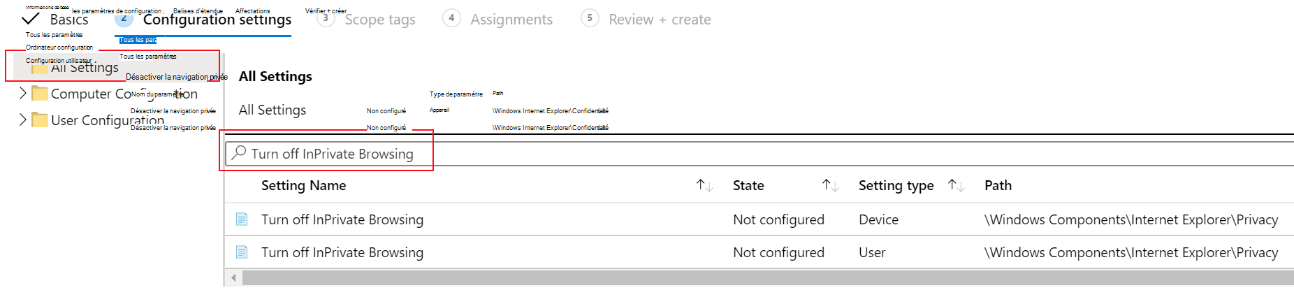 Capture d’écran montrant comment désactiver la stratégie d’appareil de navigation InPrivate dans un modèle d’administration dans Microsoft Intune.