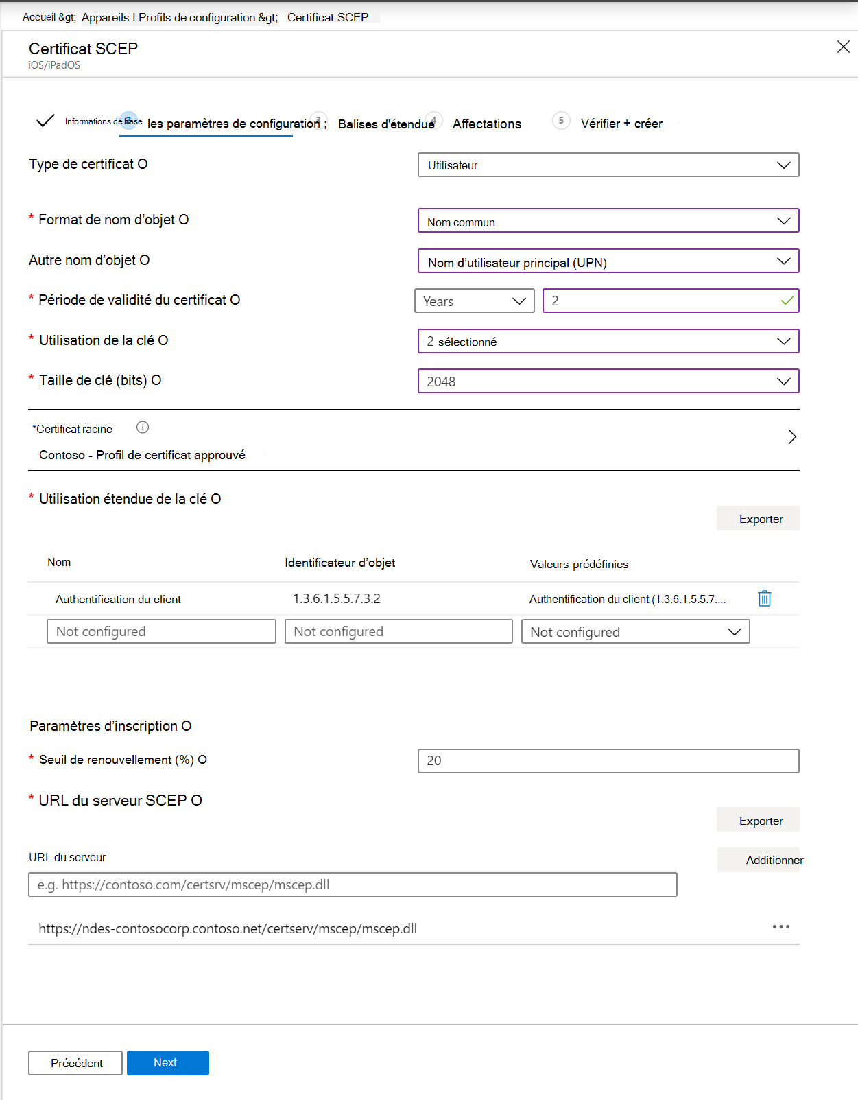 Créez un profil de certificat SCEP dans Microsoft Intune et Intune centre d’administration. Incluez le format du nom de l’objet, l’utilisation de la clé, l’utilisation étendue des clés, etc.