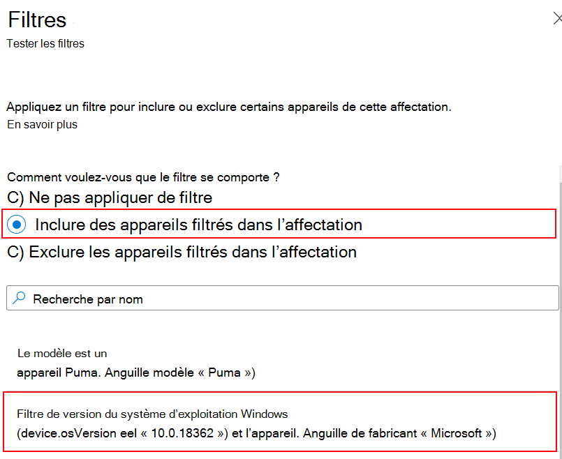 Capture d’écran montrant comment inclure le filtre lors de l’attribution d’une stratégie dans Microsoft Intune.