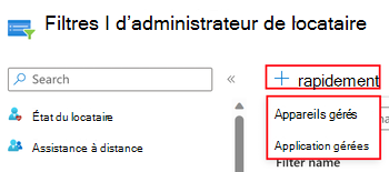 Capture d’écran montrant la sélection d’applications gérées ou d’appareils gérés lors de la création d’un filtre dans le centre d’administration Microsoft Intune.