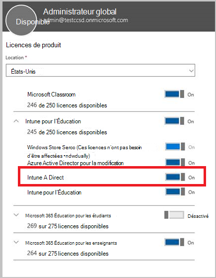 Capture d’écran de la configuration des licences des produits