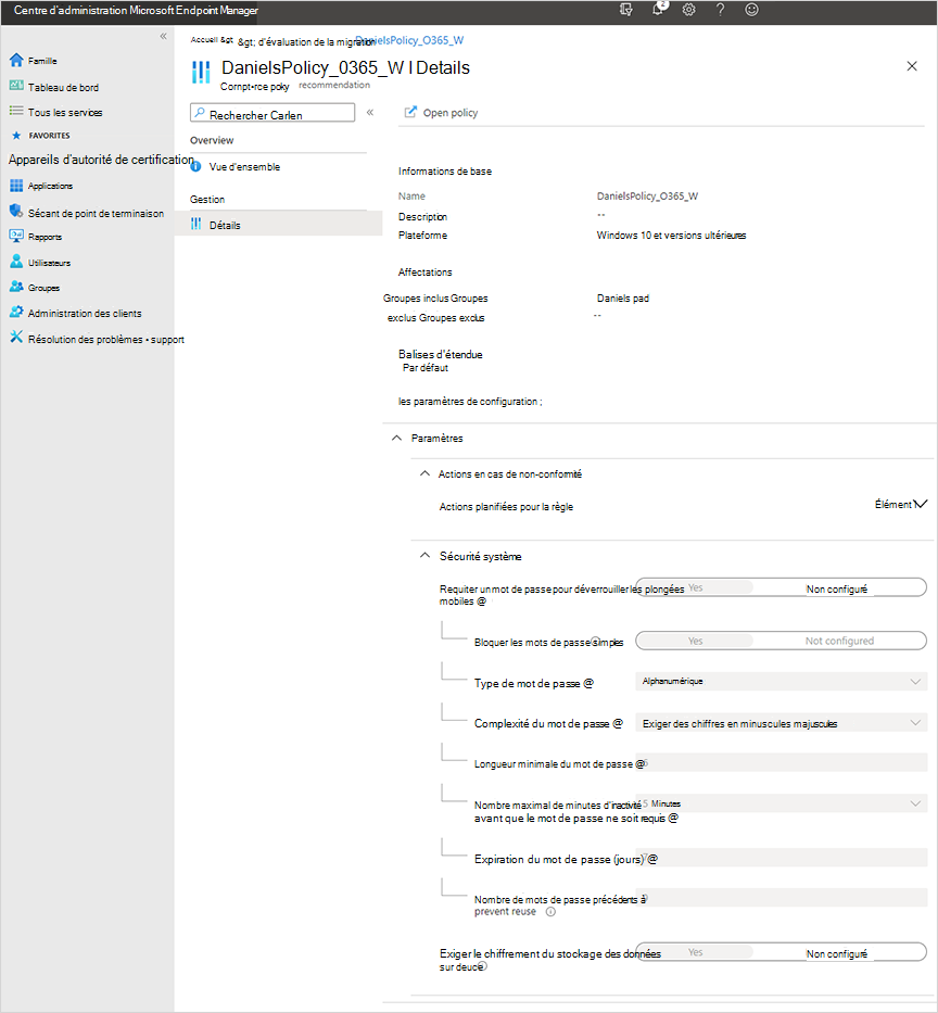 Capture d’écran de l’exemple de page de détails dans le centre d’administration Microsoft Intune après la migration des stratégies mobilité et sécurité Microsoft 365 Basic vers Intune