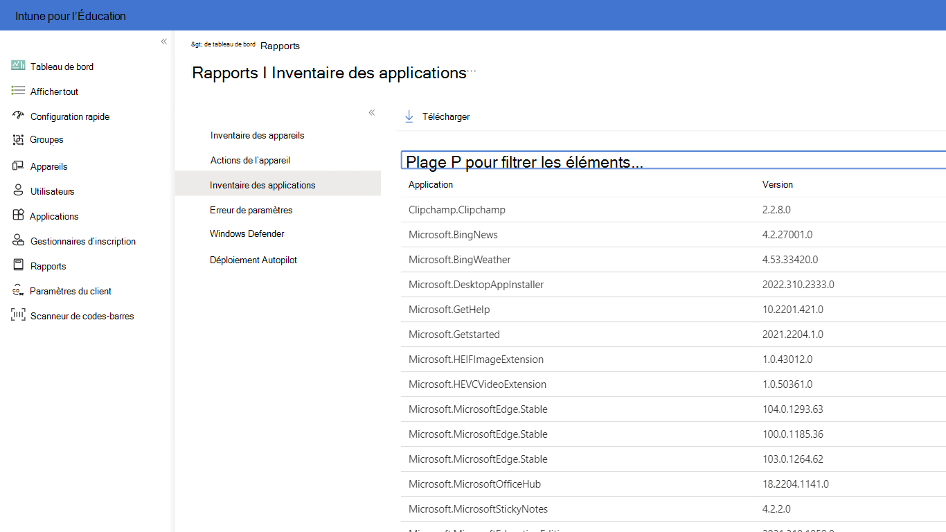 Options de création de rapports disponibles dans Intune éducation lors de la sélection du panneau rapports