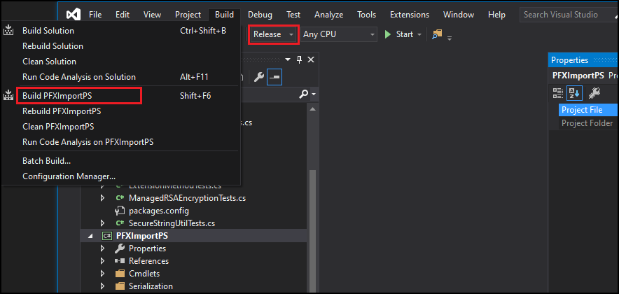 Option de build de Visual Studio