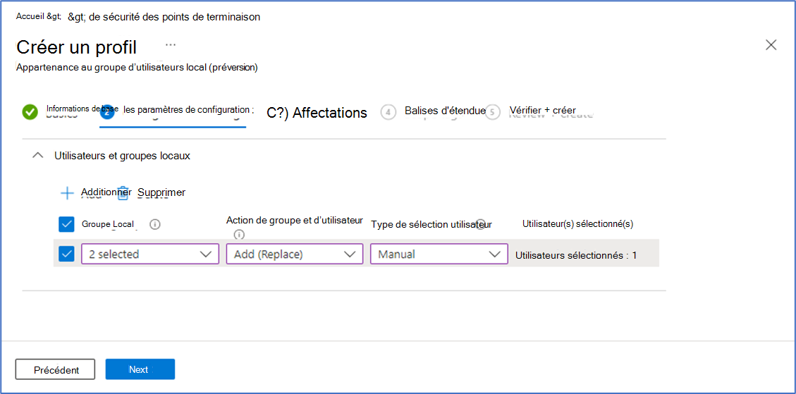 Capture d’écran de la page Paramètres de configuration pour la configuration du profil.