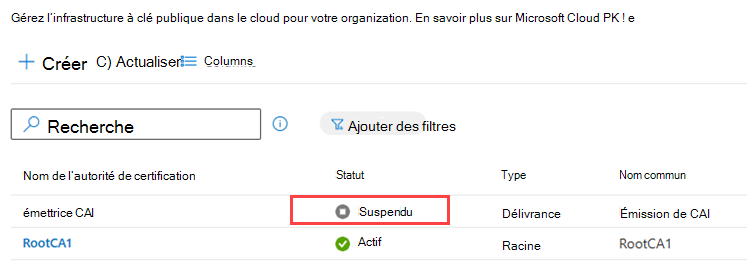 Exemple de capture d’écran mettant en évidence la colonne État dans la table des autorités de certification.