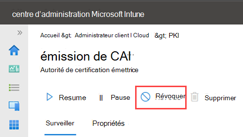 Exemple de capture d’écran mettant en évidence l’action Révoquer pour l’autorité de certification.