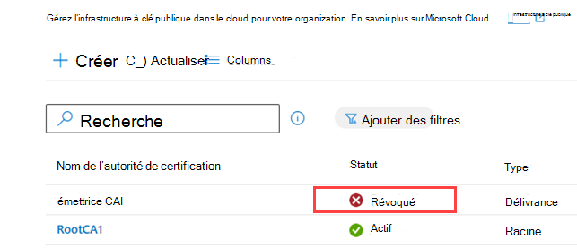 Exemple de capture d’écran de la liste de l’autorité de certification, mettant en évidence la status révoquée.