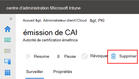 Exemple de capture d’écran mettant en évidence l’action de suppression pour une autorité de certification émettrice.