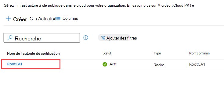 Exemple de capture d’écran de la liste des autorités de certification, mettant en surbrillance une autorité de certification racine.