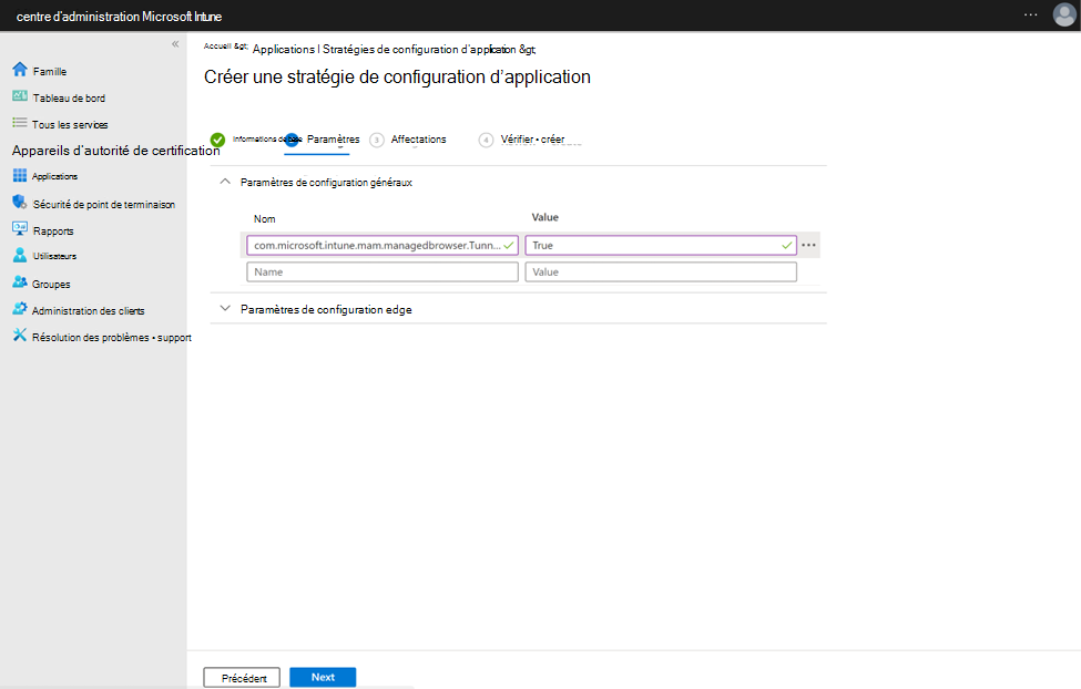 Image that shows the Identity switch configuration key and value for MAM Tunnel on unmanaged Android devices in Microsoft Intune.