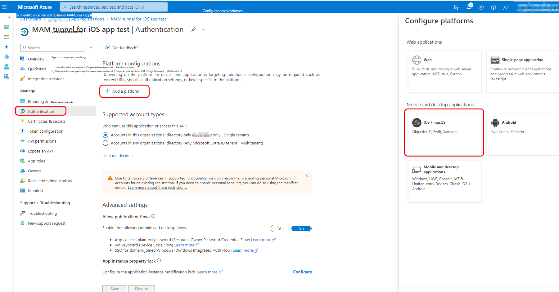 Configure authentication for the app registration.