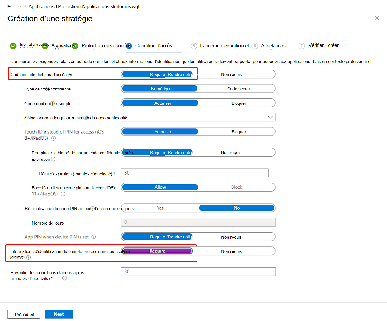 Sélectionnez les actions d’accès de stratégie de protection de l’application Outlook.