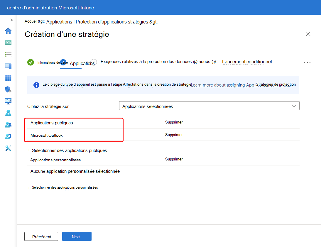 Sélectionnez Outlook pour l’ajouter à la liste Applications publiques pour cette stratégie.