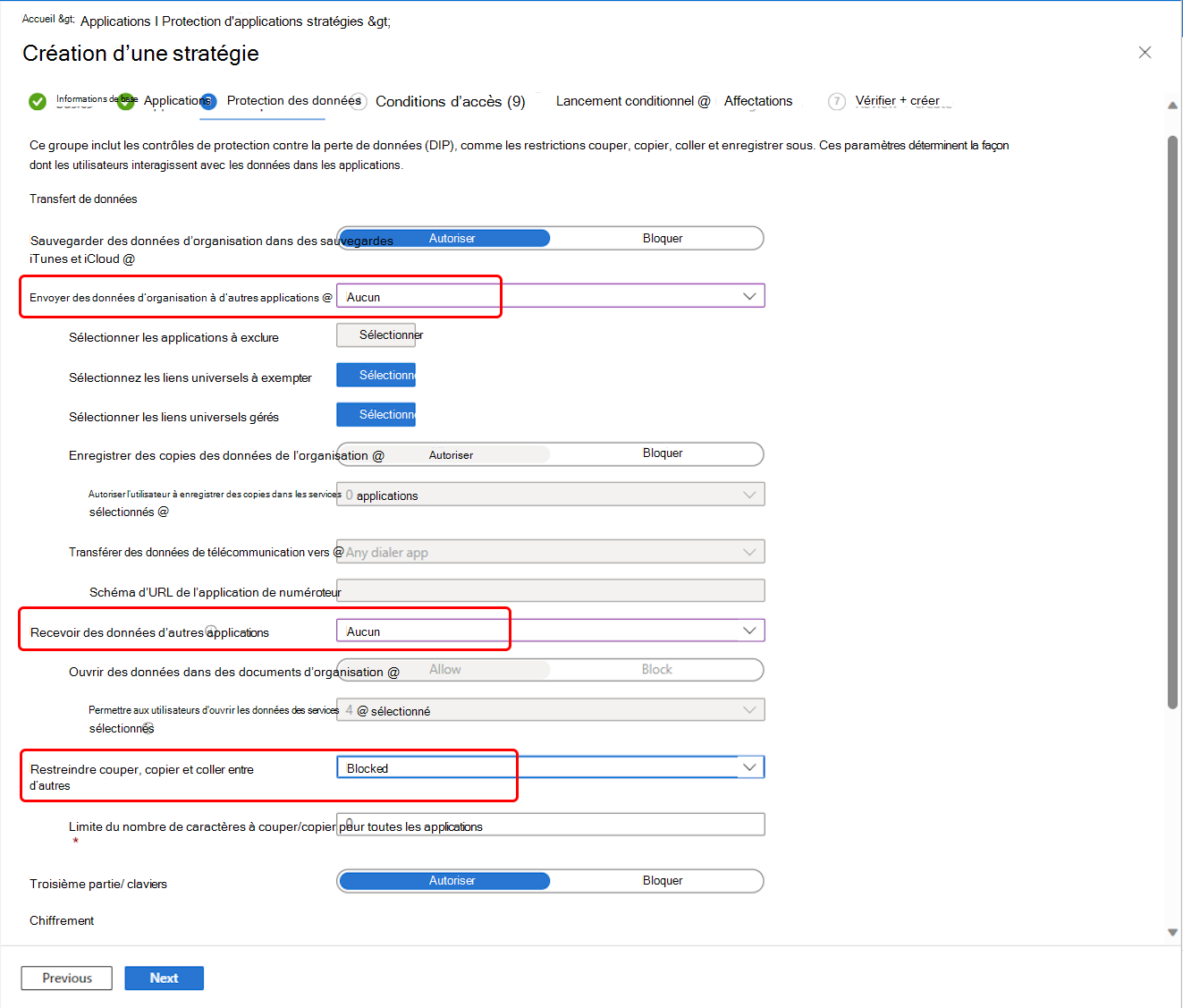 Sélectionnez les paramètres de réadressage des données de la stratégie de protection de l’application Outlook.