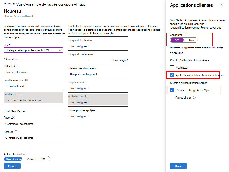 Configurez les applications clientes pour la catégorie Conditions.