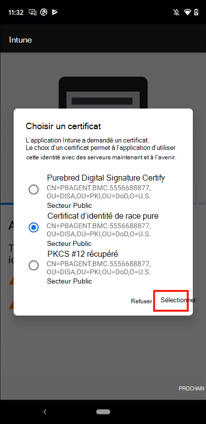 Capture d’écran de l’invite Choisir un certificat