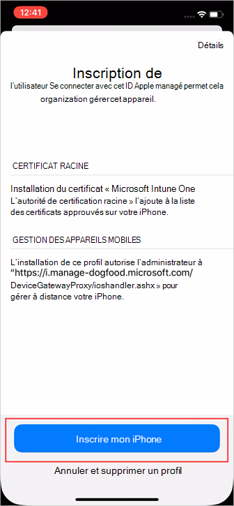 Exemple de capture d’écran de l’application Paramètres, écran « Inscription de l’utilisateur » avec le bouton Inscrire mis en surbrillance.