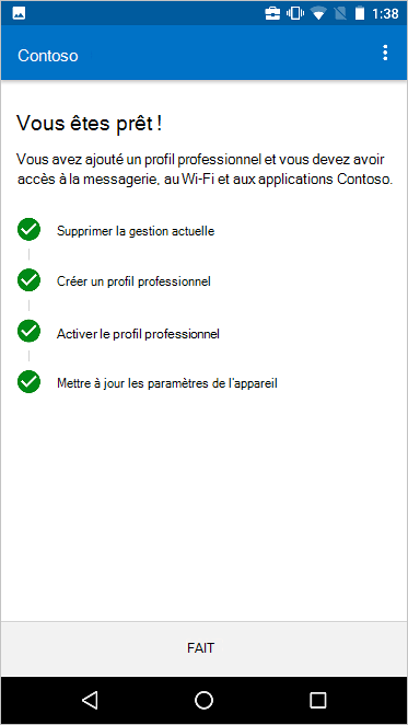 L’écran Passer à la nouvelle configuration de la gestion des appareils, montrant que toutes les étapes ont été effectuées.