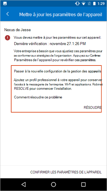 L’écran Mettre à jour le paramètre de l’appareil, mettant en évidence le message d’installation de la nouvelle gestion des appareils.