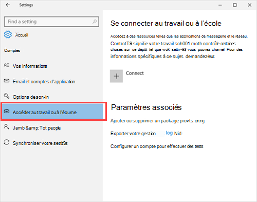 Capture d’écran de la section paramètres du compte de l’application Paramètres mettant en évidence l’option Accès professionnel ou scolaire avec un rectangle rouge.