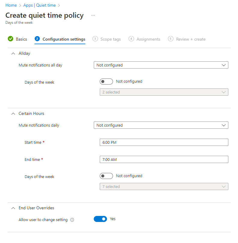 Capture d’écran de la stratégie Microsoft Intune temps de silence - Configurer les jours de la semaine