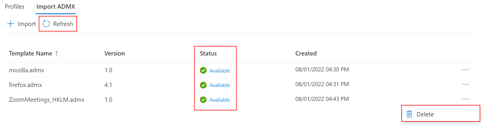 Capture d’écran montrant comment actualiser et supprimer des modèles d’administration ADMX et ADML personnalisés importés dans Microsoft Intune et Intune centre d’administration.