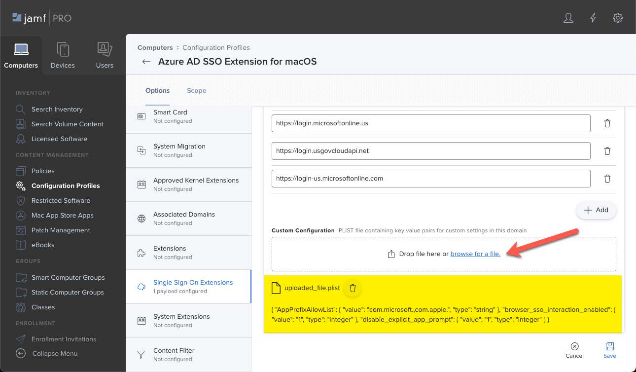 Capture d’écran montrant un exemple de configuration personnalisée avec un fichier PLIST pour Jamf Pro.