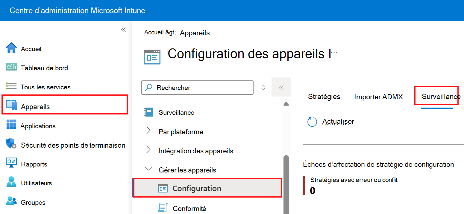 Capture d’écran montrant comment sélectionner l’onglet Moniteur dans les profils de configuration d’appareil dans Microsoft Intune et le Centre d’administration Intune.