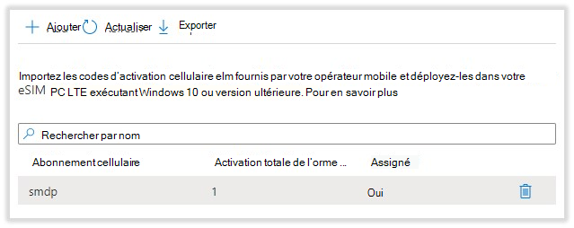 Le pool d’abonnements cellulaires porte le nom de l’exemple de fichier csv de code d’activation.