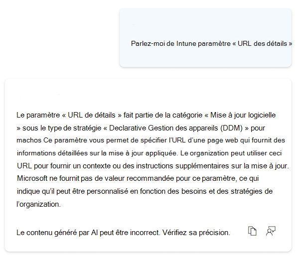 Capture d’écran montrant Copilot donnant des informations plus détaillées sur n’importe quel paramètre dans le catalogue de paramètres dans Microsoft Intune et Intune centre d’administration.