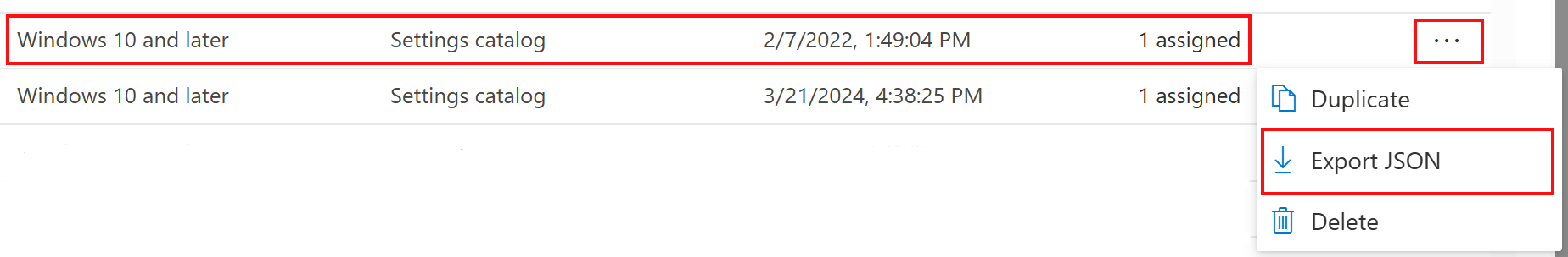 Capture d’écran montrant comment exporter une stratégie de catalogue de paramètres au format JSON dans Microsoft Intune et Intune centre d’administration.