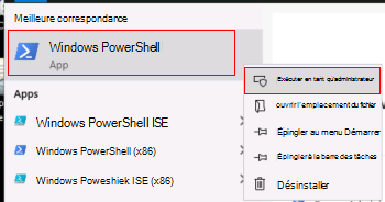 Screenshot that shows how to run Windows PowerShell as an administrator.