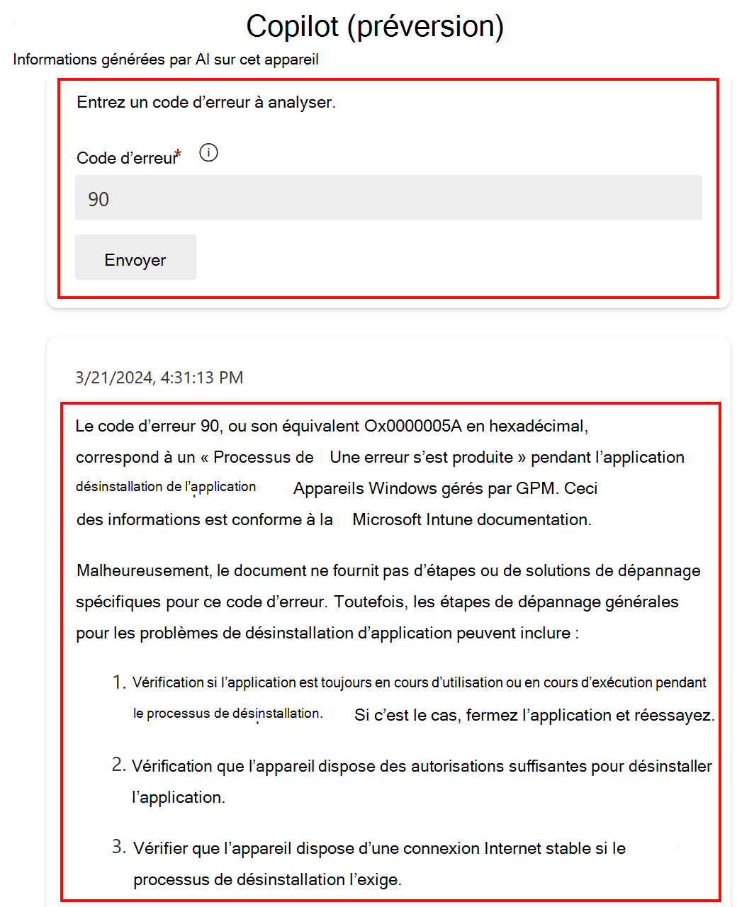 Capture d’écran montrant la fonctionnalité Analyser un code d’erreur dans Copilot après avoir sélectionné un appareil dans Microsoft Intune ou Intune centre d’administration.