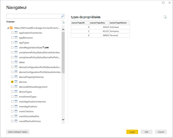 Capture d’écran du Navigateur - Liste des tables Data Warehouse.