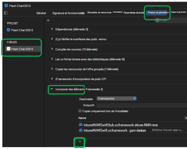 Capture d’écran montrant l’incorporation de frameworks dans Xcode sur un appareil macOS.