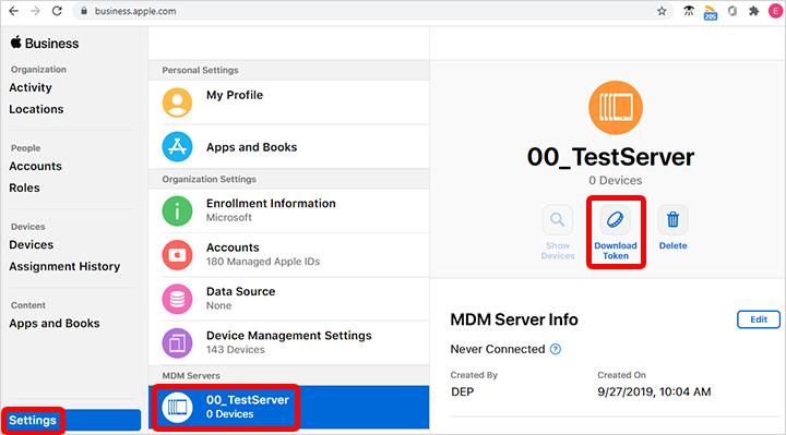 Capture d’écran montrant comment renouveler et télécharger un jeton Apple dans Apple Business Manager.