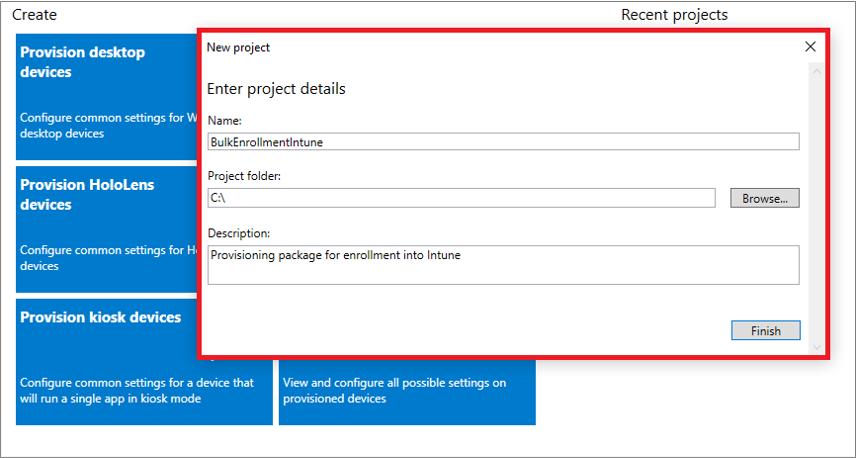 Capture d’écran de la spécification du nom, du dossier du projet et de la description dans l’application Concepteur de configuration Windows