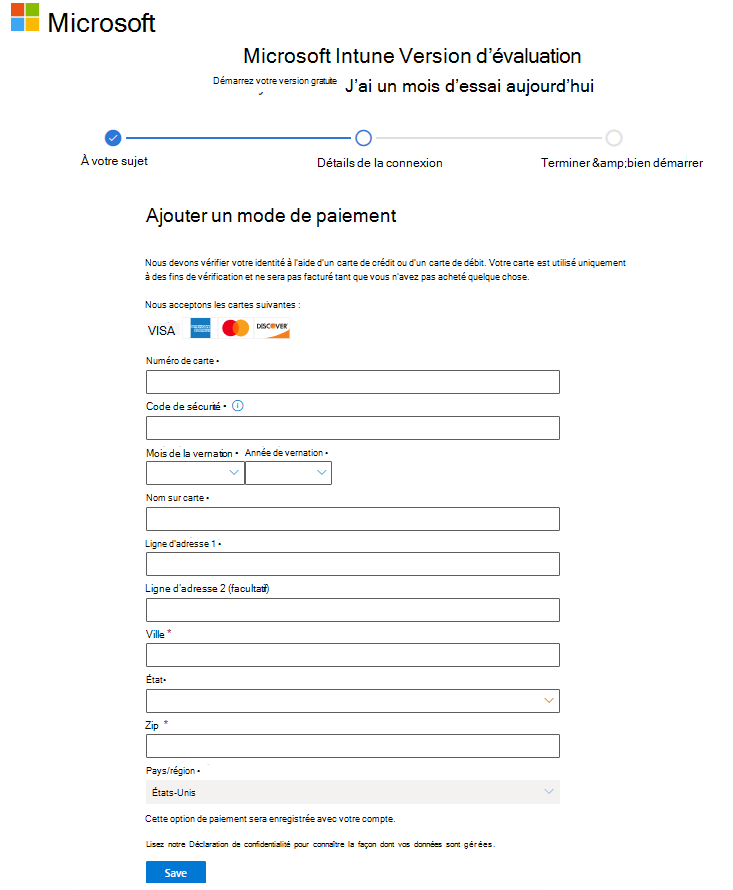 Capture d’écran de la page Microsoft Intune configurer le compte - Ajouter un mode de paiement