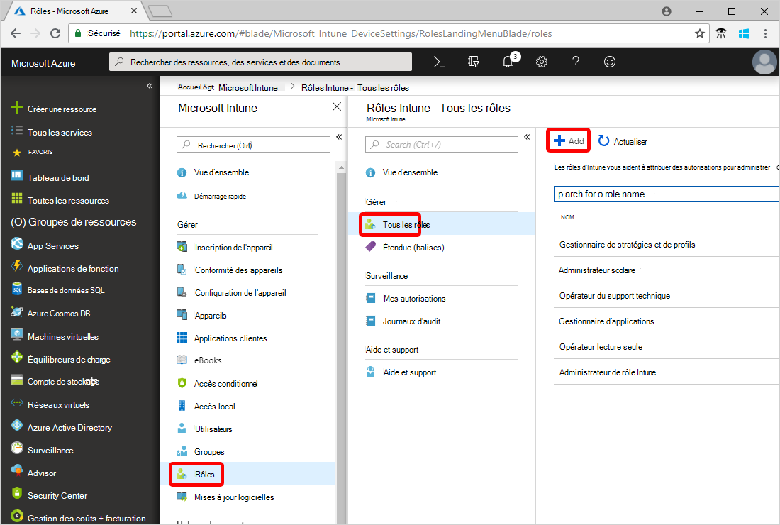 Ajout d’un rôle dans le volet Intune rôles Tous les rôles.