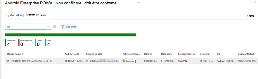 Capture d’écran qui affiche les résultats de recherche filtrés pour l’appareil status vue de rapport.