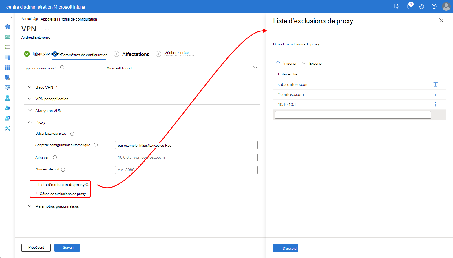 Capture d’écran du volet liste d’exclusion de proxy dans le centre d’administration Intune.