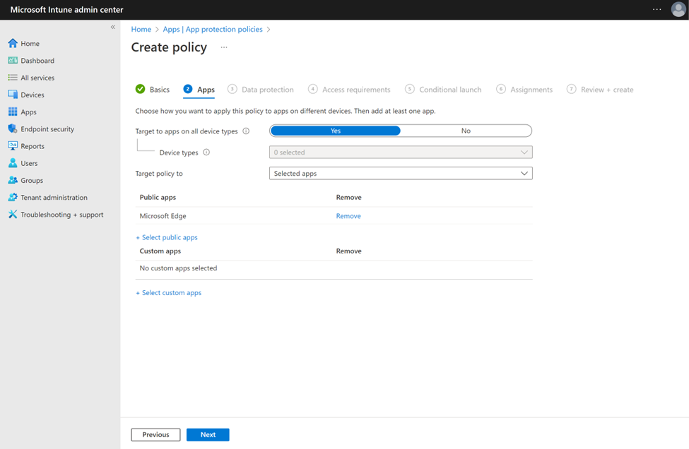 Capture d’écran de la configuration d’une stratégie de protection des applications avec Microsoft Edge en tant qu’application publique.