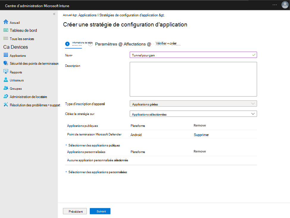 Capture d’écran de la configuration d’une stratégie de configuration d’application avec Microsoft Defender Point de terminaison en tant qu’application publique.