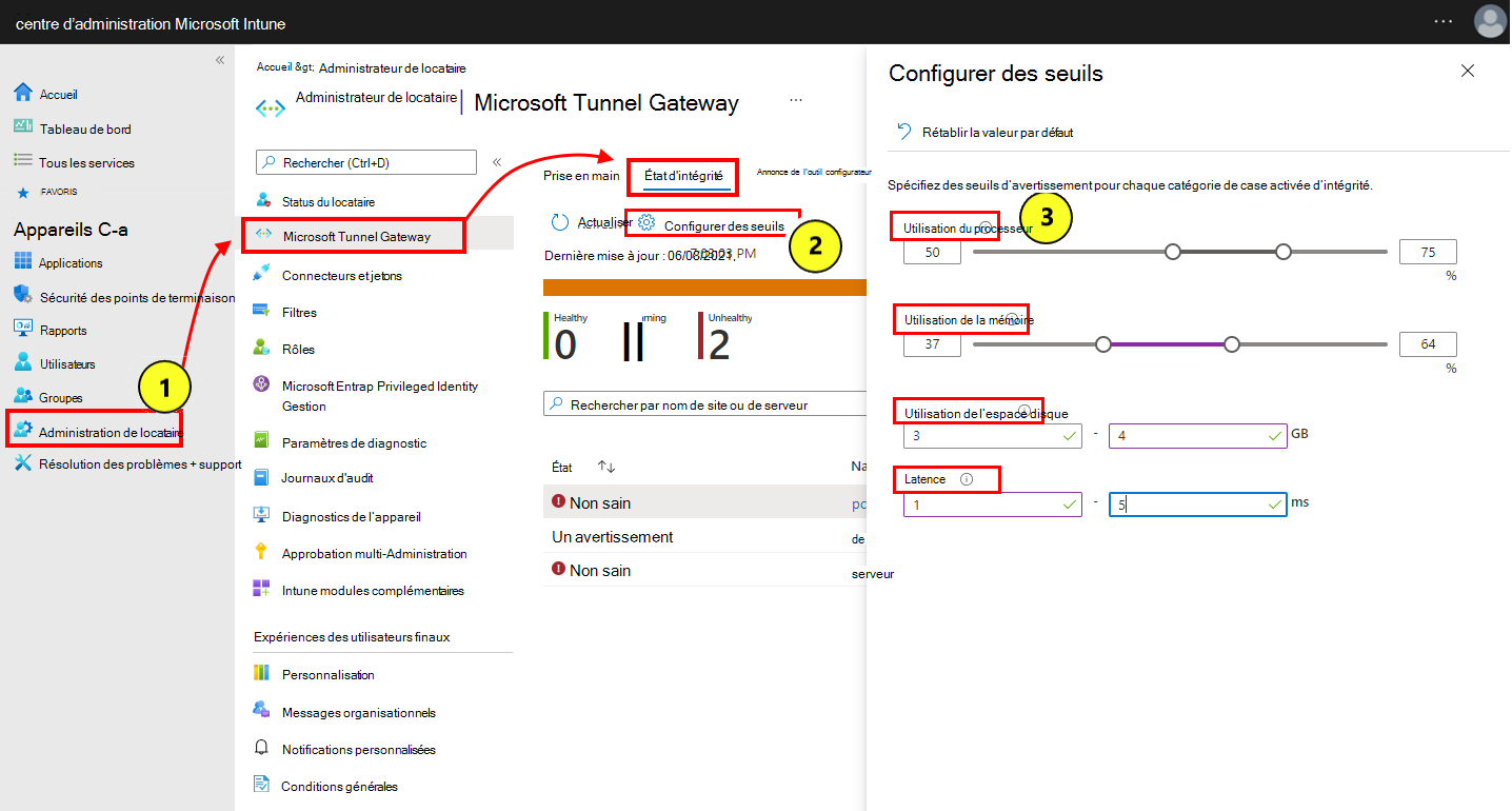 Capture d’écran montrant comment sélectionner et configurer les seuils de status d’intégrité.